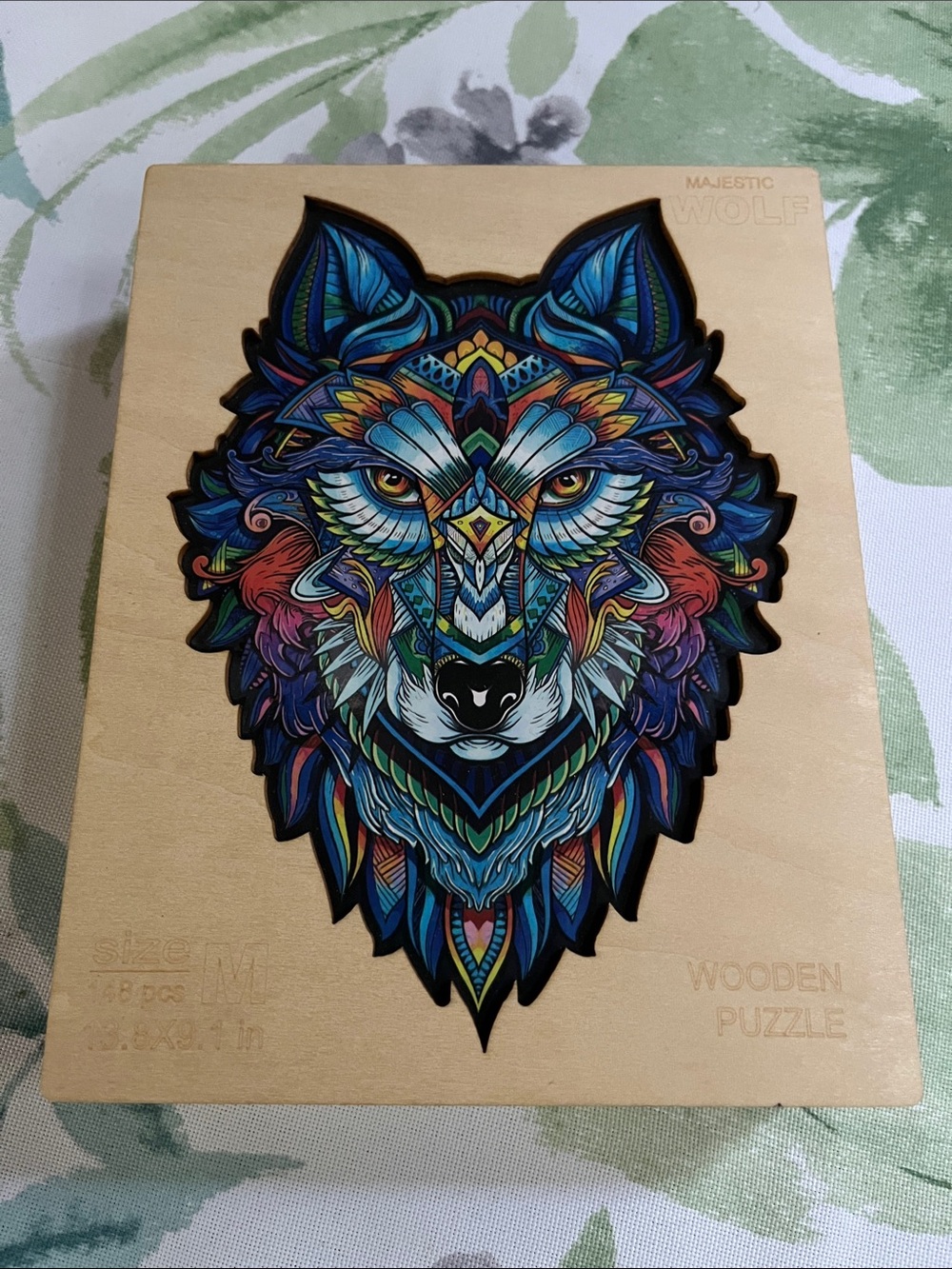 Majestic Blue Multicolor Geometric Wolf Wooden Puzzle